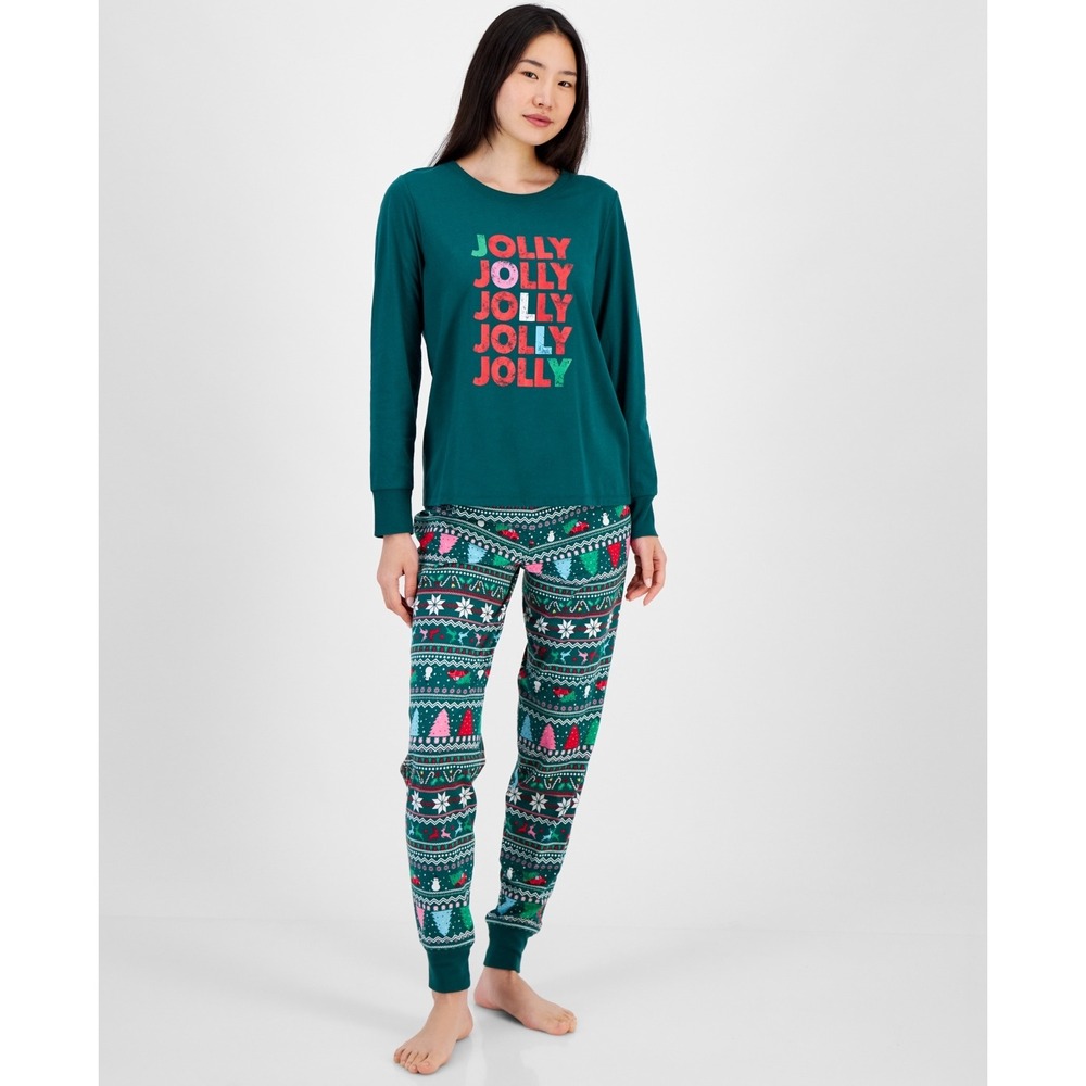 Family Pajamas Women's Holiday‎ Long Sleeved Shirt and Pant Set - Green - XXL